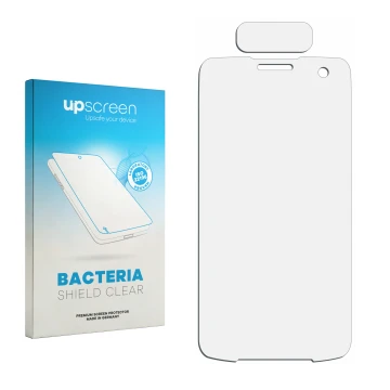 Parte frontal de un envase de producto con el logotipo de la marca upscreen. Al lado está el protector de pantalla correspondi