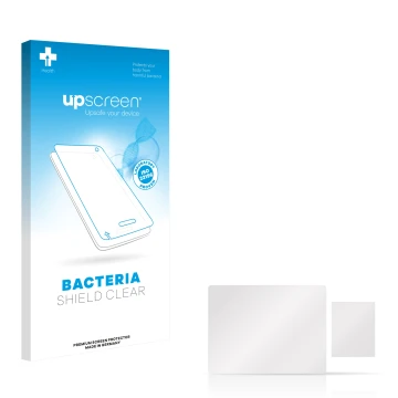 Parte frontal de un envase de producto con el logotipo de la marca upscreen. Al lado está el protector de pantalla correspondi