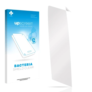 Parte frontal de un envase de producto con el logotipo de la marca upscreen. Al lado está el protector de pantalla correspondi