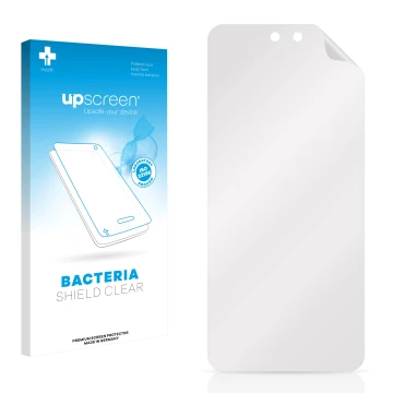 Parte frontal de un envase de producto con el logotipo de la marca upscreen. Al lado está el protector de pantalla correspondi