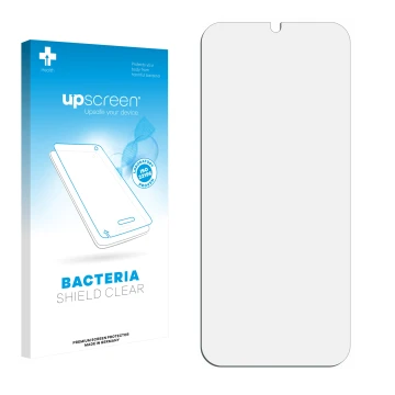 Parte frontal de un envase de producto con el logotipo de la marca upscreen. Al lado está el protector de pantalla correspondi