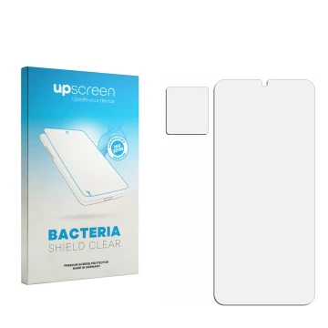 Parte frontal de un envase de producto con el logotipo de la marca upscreen. Al lado está el protector de pantalla correspondi