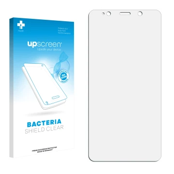 Parte frontal de un envase de producto con el logotipo de la marca upscreen. Al lado está el protector de pantalla correspondi