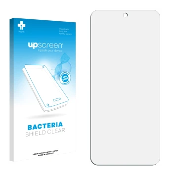 Parte frontal de un envase de producto con el logotipo de la marca upscreen. Al lado está el protector de pantalla correspondi