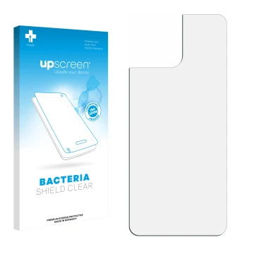 Parte frontal de un envase de producto con el logotipo de la marca upscreen. Al lado está el protector de pantalla correspondi