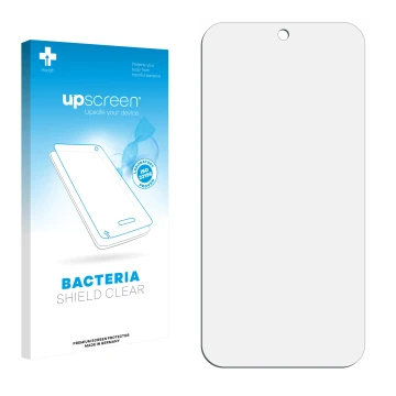 Parte frontal de un envase de producto con el logotipo de la marca upscreen. Al lado está el protector de pantalla correspondi