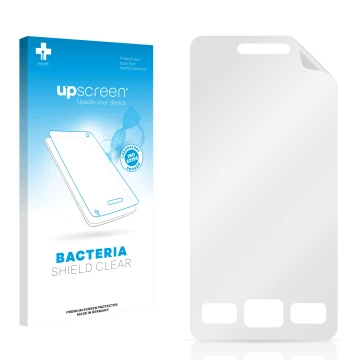 Parte frontal de un envase de producto con el logotipo de la marca upscreen. Al lado está el protector de pantalla correspondi