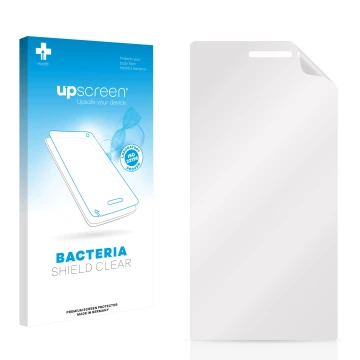 Parte frontal de un envase de producto con el logotipo de la marca upscreen. Al lado está el protector de pantalla correspondi