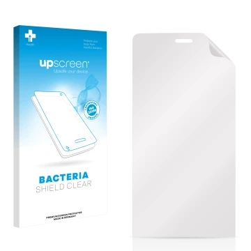 Parte frontal de un envase de producto con el logotipo de la marca upscreen. Al lado está el protector de pantalla correspondi