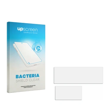 Parte frontal de un envase de producto con el logotipo de la marca upscreen. Al lado está el protector de pantalla correspondi