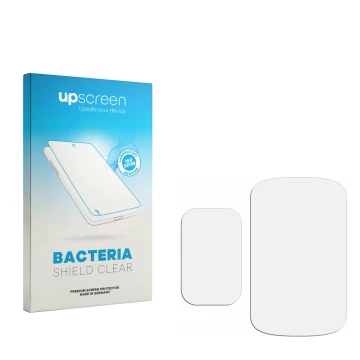 Parte frontal de un envase de producto con el logotipo de la marca upscreen. Al lado está el protector de pantalla correspondi