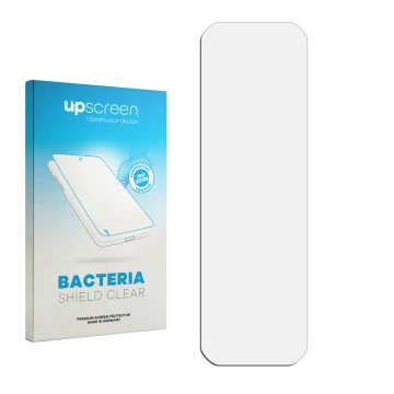 Parte frontal de un envase de producto con el logotipo de la marca upscreen. Al lado está el protector de pantalla correspondi