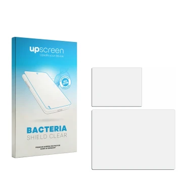 Parte frontal de un envase de producto con el logotipo de la marca upscreen. Al lado está el protector de pantalla correspondi