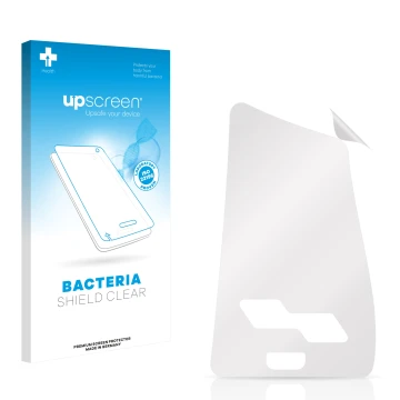 Parte frontal de un envase de producto con el logotipo de la marca upscreen. Al lado está el protector de pantalla correspondi