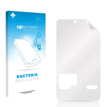 Parte frontal de un envase de producto con el logotipo de la marca upscreen. Al lado está el protector de pantalla correspondi