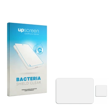 Parte frontal de un envase de producto con el logotipo de la marca upscreen. Al lado está el protector de pantalla correspondi