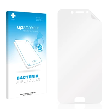 Parte frontal de un envase de producto con el logotipo de la marca upscreen. Al lado está el protector de pantalla correspondi