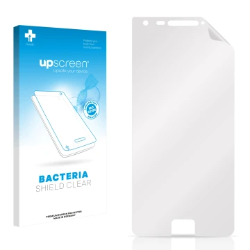 Parte frontal de un envase de producto con el logotipo de la marca upscreen. Al lado está el protector de pantalla correspondi