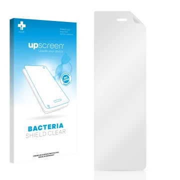 Parte frontal de un envase de producto con el logotipo de la marca upscreen. Al lado está el protector de pantalla correspondi