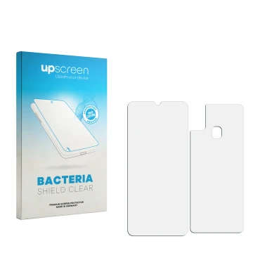 Parte frontal de un envase de producto con el logotipo de la marca upscreen. Al lado está el protector de pantalla correspondi