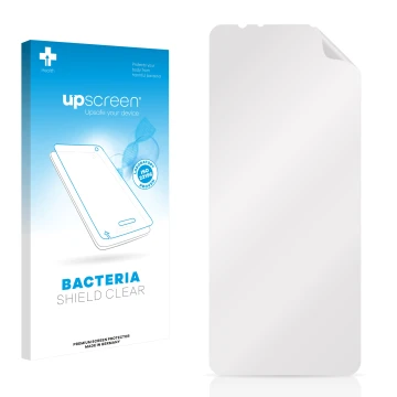 Parte frontal de un envase de producto con el logotipo de la marca upscreen. Al lado está el protector de pantalla correspondi
