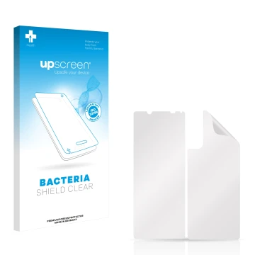 Parte frontal de un envase de producto con el logotipo de la marca upscreen. Al lado está el protector de pantalla correspondi