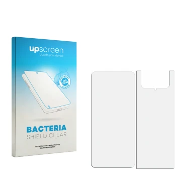 Parte frontal de un envase de producto con el logotipo de la marca upscreen. Al lado está el protector de pantalla correspondi