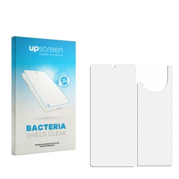 Parte frontal de un envase de producto con el logotipo de la marca upscreen. Al lado está el protector de pantalla correspondi