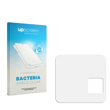 Parte frontal de un envase de producto con el logotipo de la marca upscreen. Al lado está el protector de pantalla correspondi