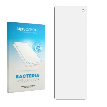 Parte frontal de un envase de producto con el logotipo de la marca upscreen. Al lado está el protector de pantalla correspondi