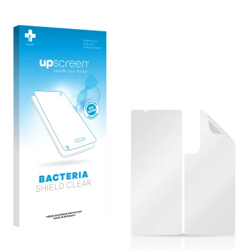 Parte frontal de un envase de producto con el logotipo de la marca upscreen. Al lado está el protector de pantalla correspondi