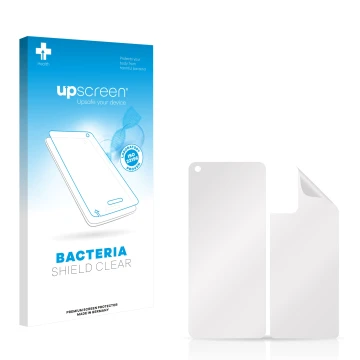 Parte frontal de un envase de producto con el logotipo de la marca upscreen. Al lado está el protector de pantalla correspondi