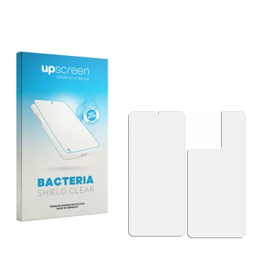 Parte frontal de un envase de producto con el logotipo de la marca upscreen. Al lado está el protector de pantalla correspondi