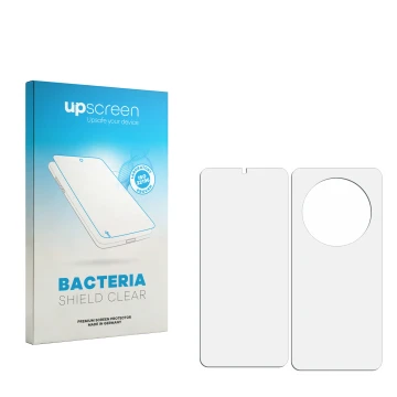 Parte frontal de un envase de producto con el logotipo de la marca upscreen. Al lado está el protector de pantalla correspondi