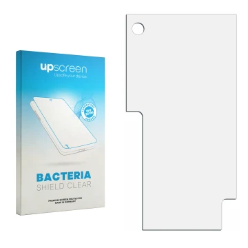 Parte frontal de un envase de producto con el logotipo de la marca upscreen. Al lado está el protector de pantalla correspondi