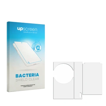 Parte frontal de un envase de producto con el logotipo de la marca upscreen. Al lado está el protector de pantalla correspondi
