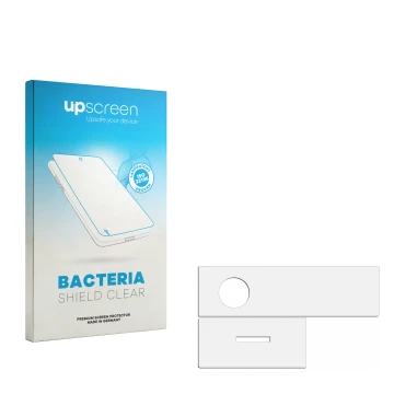 Parte frontal de un envase de producto con el logotipo de la marca upscreen. Al lado está el protector de pantalla correspondi