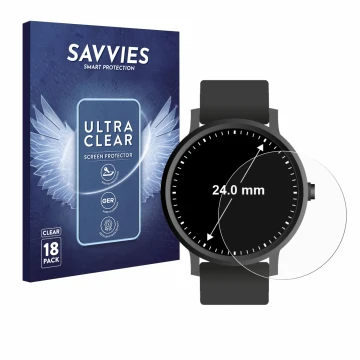 Parte frontal de un envase de producto con el logotipo de la marca Savvies. Al lado se muestra el dispositivo Relojes (Circula