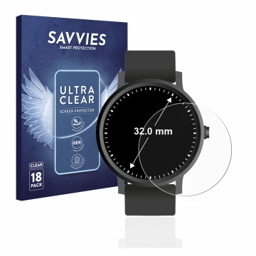 Parte frontal de un envase de producto con el logotipo de la marca Savvies. Al lado se muestra el dispositivo Relojes (Circula