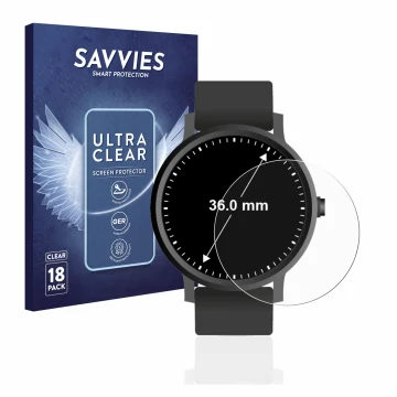 Parte frontal de un envase de producto con el logotipo de la marca Savvies. Al lado se muestra el dispositivo Relojes (Circula