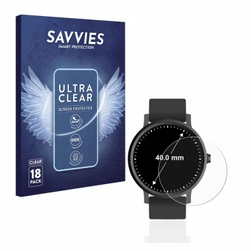 Parte frontal de un envase de producto con el logotipo de la marca Savvies. Al lado se muestra el dispositivo Relojes (Circula