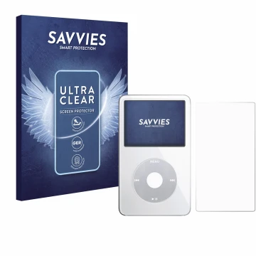 Parte frontal de un envase de producto con el logotipo de la marca Savvies. Al lado se muestra el dispositivo Apple iPod Class