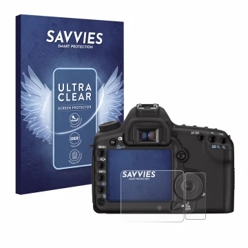 Parte frontal de un envase de producto con el logotipo de la marca Savvies. Al lado se muestra el dispositivo Canon EOS 5D Mar