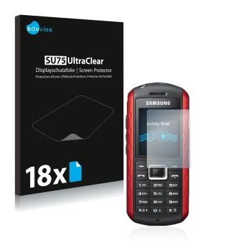 Parte frontal de un envase de producto con el logotipo de la marca Savvies. Al lado se muestra el dispositivo Samsung B2100 co