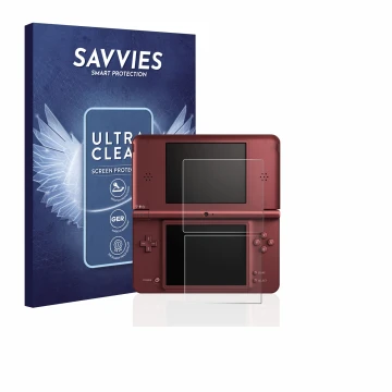 Parte frontal de un envase de producto con el logotipo de la marca Savvies. Al lado se muestra el dispositivo Nintendo DSi XL 