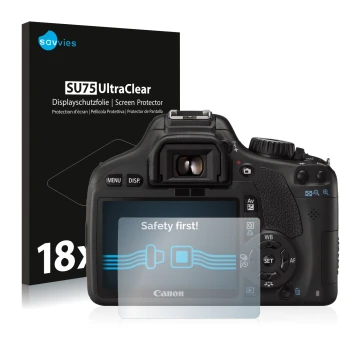 Parte frontal de un envase de producto con el logotipo de la marca Savvies. Al lado se muestra el dispositivo Canon EOS 550D c