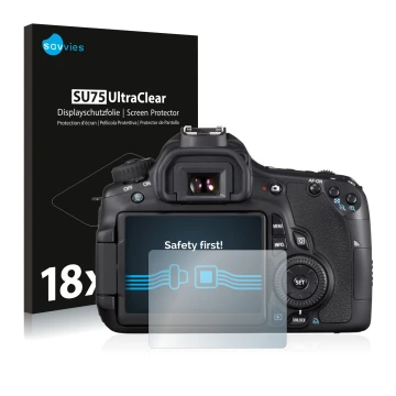 Parte frontal de un envase de producto con el logotipo de la marca Savvies. Al lado se muestra el dispositivo Canon EOS 60D co