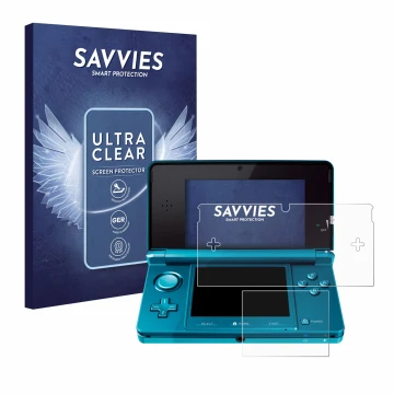 Parte frontal de un envase de producto con el logotipo de la marca Savvies. Al lado se muestra el dispositivo Nintendo 3DS con