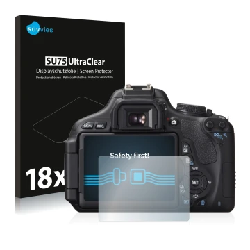 Parte frontal de un envase de producto con el logotipo de la marca Savvies. Al lado se muestra el dispositivo Canon EOS 600D c