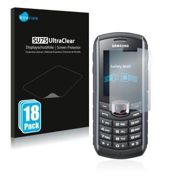Parte frontal de un envase de producto con el logotipo de la marca Savvies. Al lado se muestra el dispositivo Samsung GT-B2710